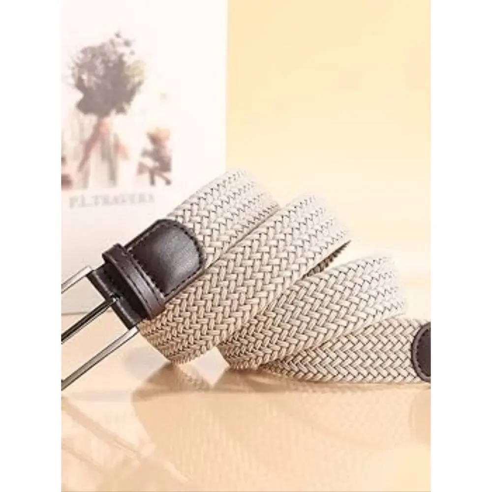 Men's Woven Stretch Belt Beige Tan Brown Leather Trim XL 42-44